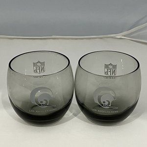 2 Vintage 1970s Smoked Round Cocktail Glasses Low Ball NHL Los Angeles Rams